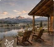 Lakeside chairs facing a mountain view