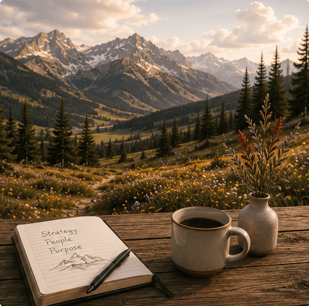 A planning notebook reading Strategy, People, Purpose beside a cup of coffee and a vase of Indian paintbrush flowers, overlooking a mountain valley