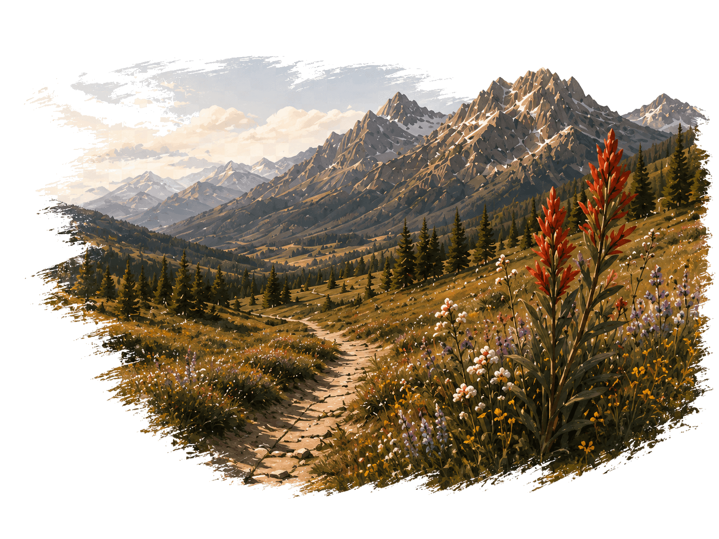 A scenic mountain trail with wildflowers and warm painted edges