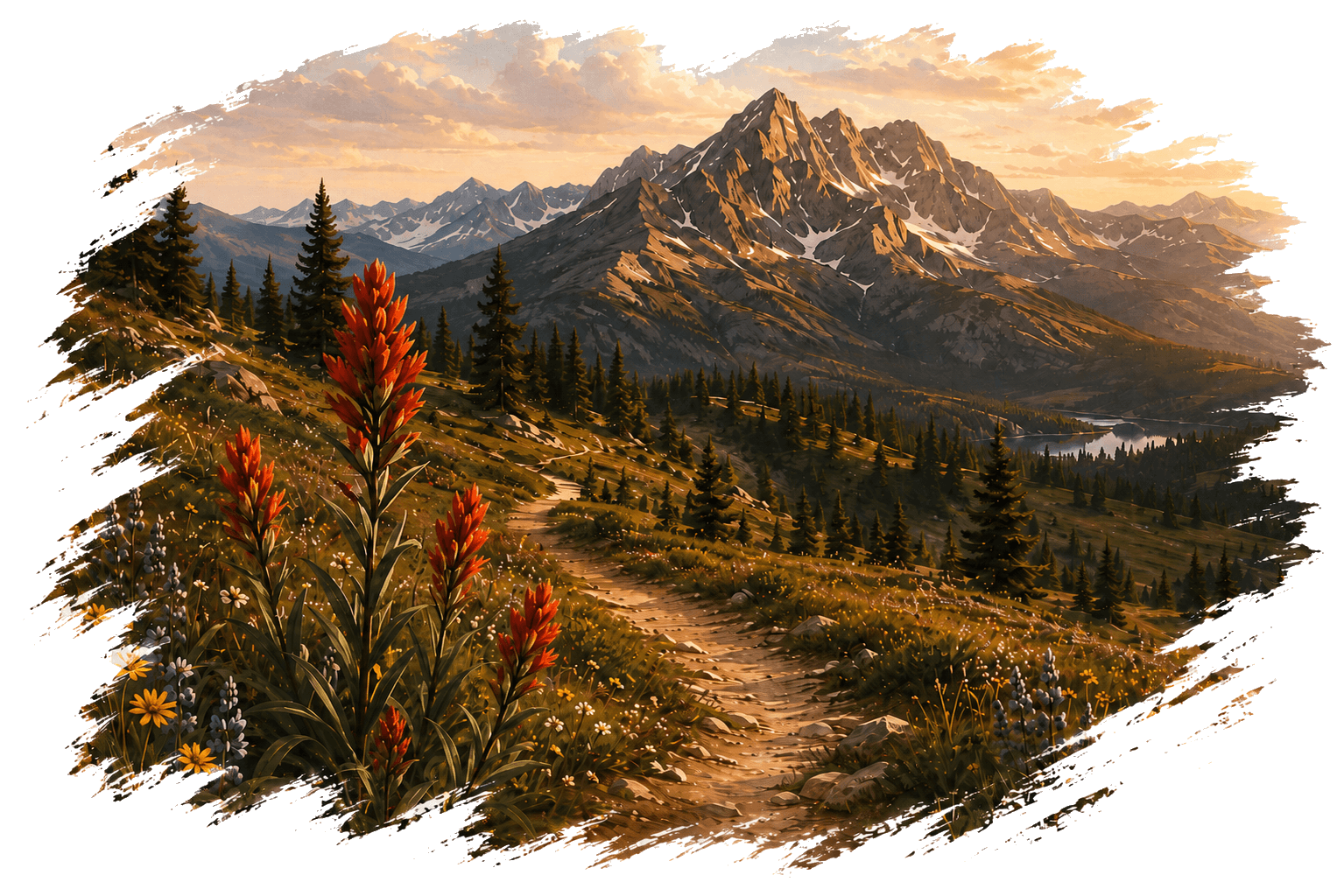 A painted mountain trail lined with Indian paintbrush wildflowers, leading toward sunlit peaks