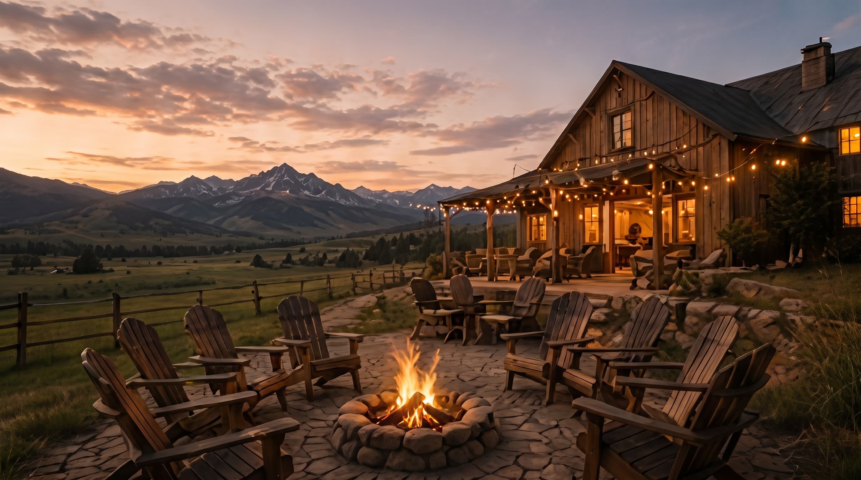 Adirondack chairs circling a campfire at a Montana ranch lodge at dusk, with mountain peaks in the distance
