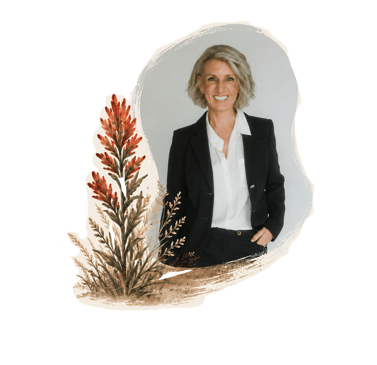 Anna Smith, founder and principal coach of Wildbrush Collective, seated in a warm, softly lit room and framed by painted wildflowers