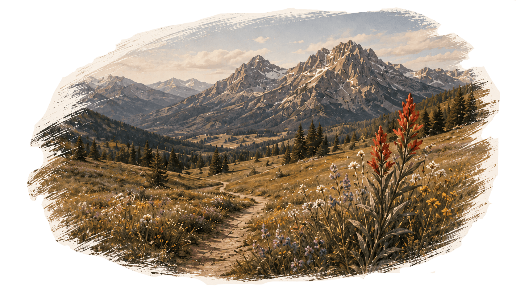 Painterly Montana mountain landscape with a winding trail through meadows of red paintbrush wildflowers